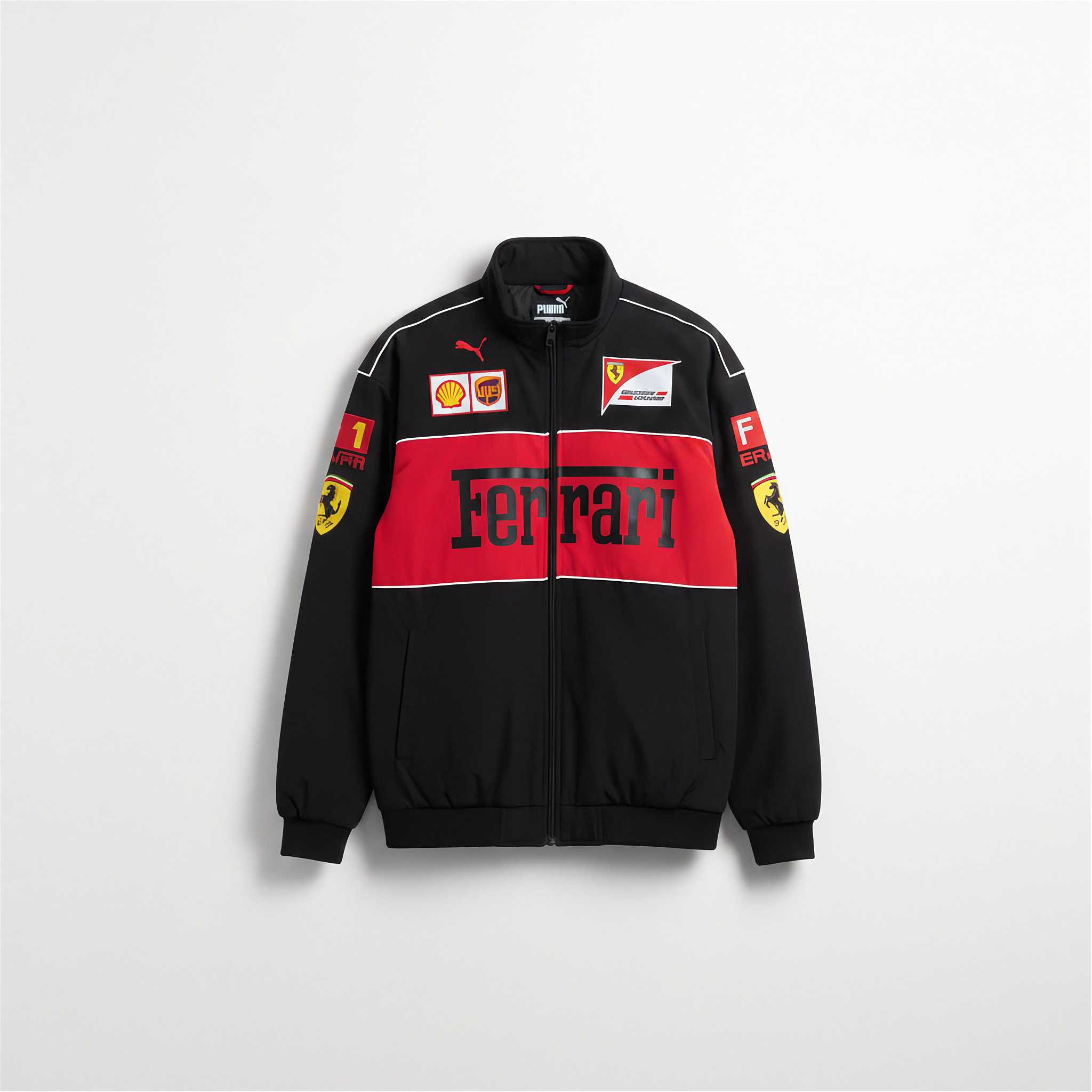 Black and red Ferrari jacket with various logos on a light gray background