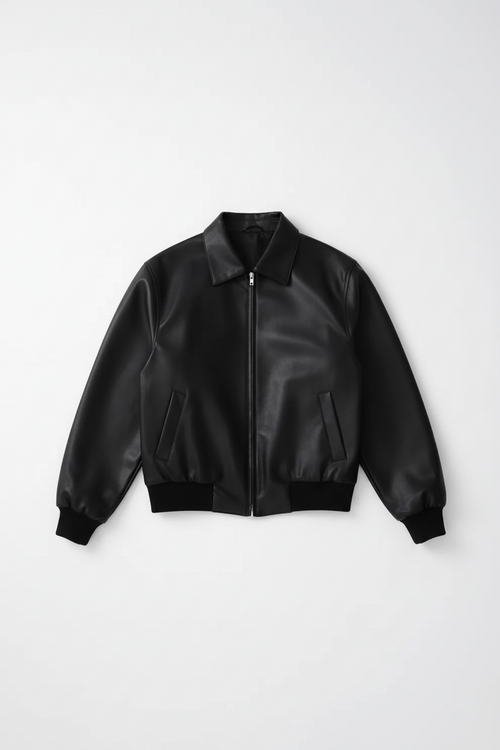 Black leather jacket on a white background