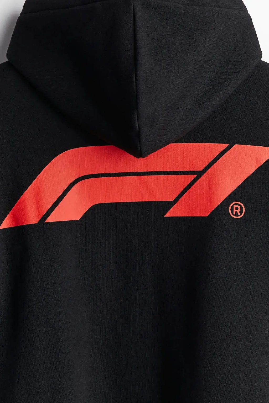 Black racing hoodie with bold red racing stripe graphic on the back, streetwear style