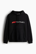 Black hoodie with red and white Formula 1 logo, front pocket, and drawstring hood