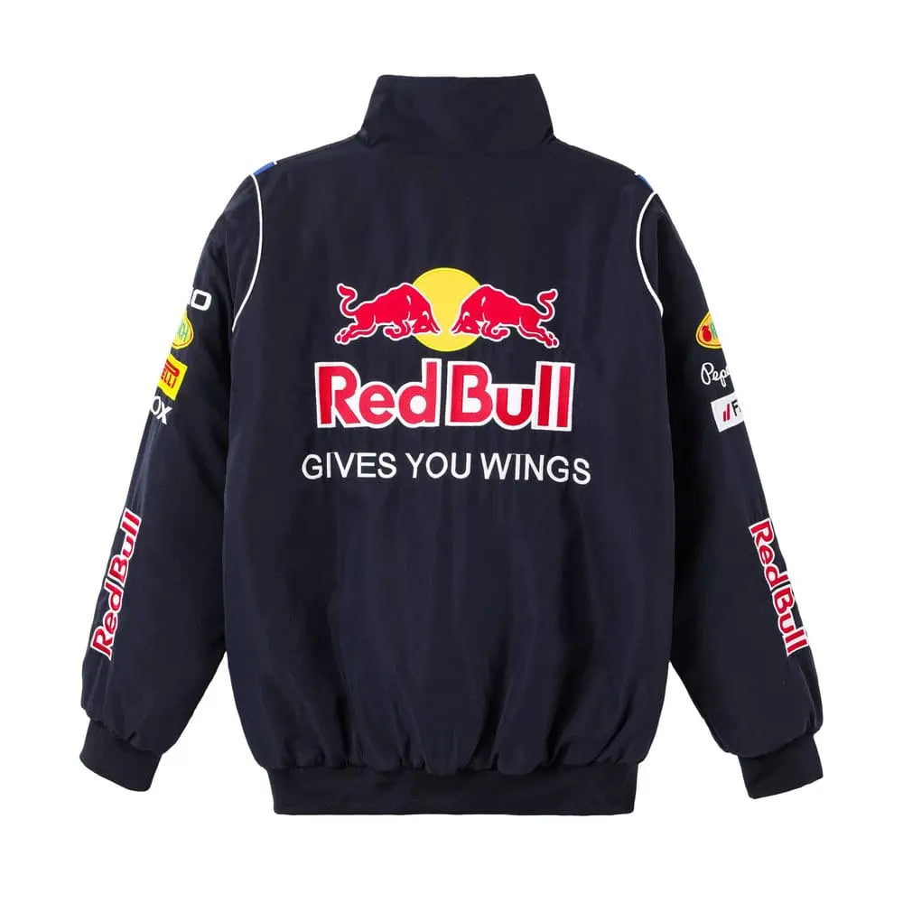 Back view of navy streetwear racing jacket with Red Bull and sponsor logos, sporty bomber style
