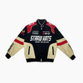 Streetwear varsity jacket with Straw Hats Dead or Alive print, black, red and beige colorblock design