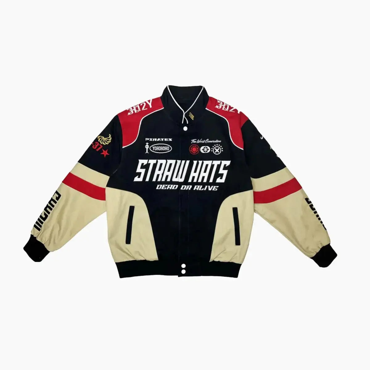 Streetwear varsity jacket with Straw Hats Dead or Alive print, black, red and beige colorblock design