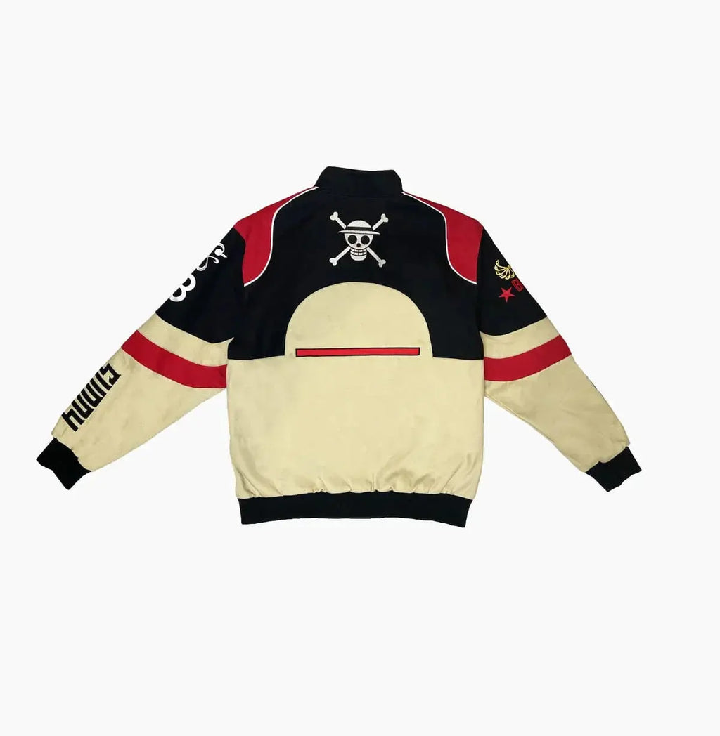 Streetwear varsity jacket with skull and crossbones, beige, black and red colorblock design