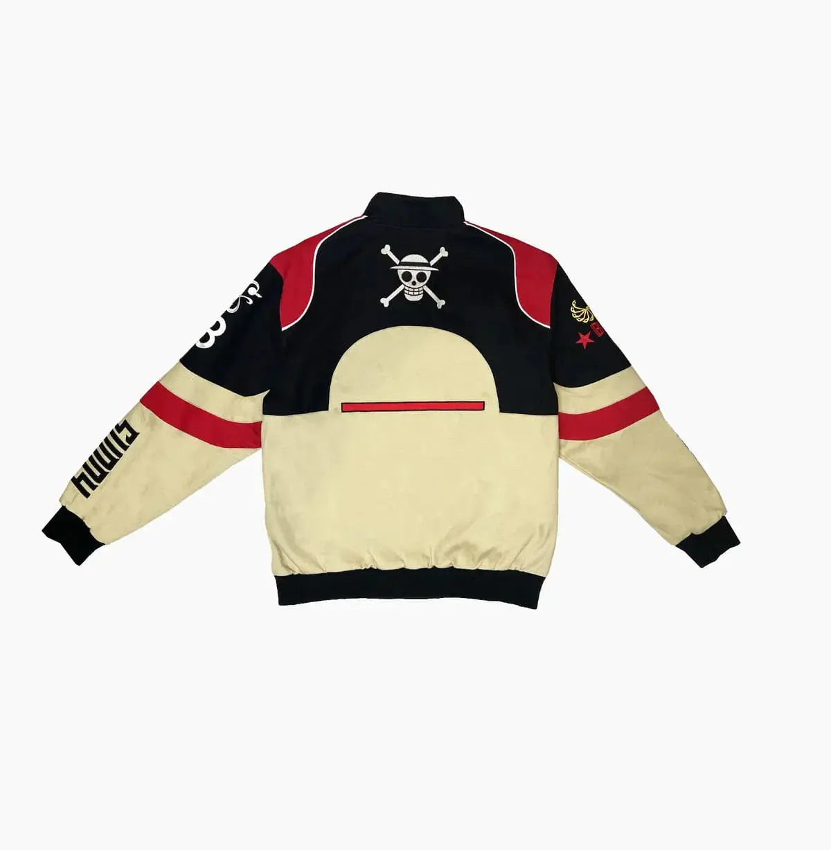 Streetwear varsity jacket with skull and crossbones, beige, black and red colorblock design